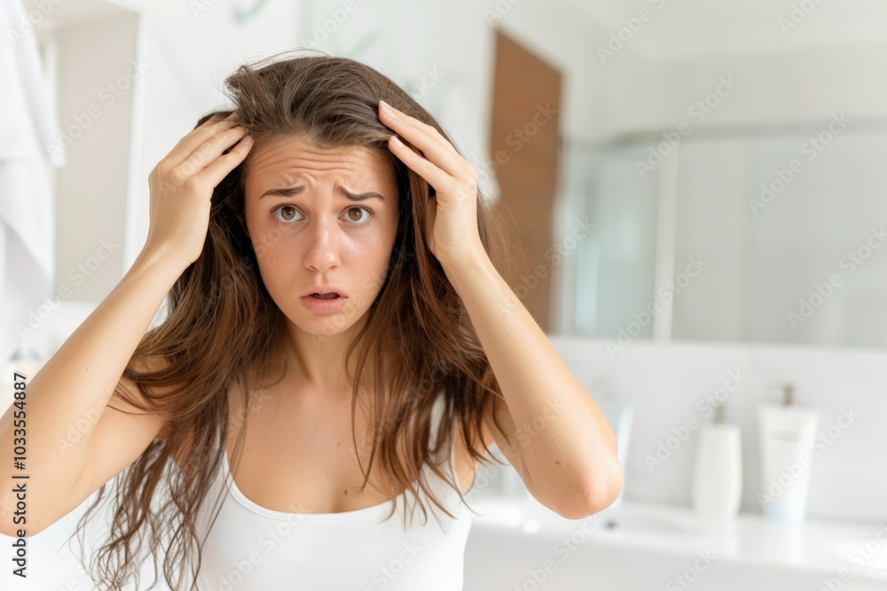 A woman with long, well-groomed hair, gently touching her head while standing in a modern bathroom. A woman with long, well-groomed hair, gently touching her head while standing in a modern bathroom.