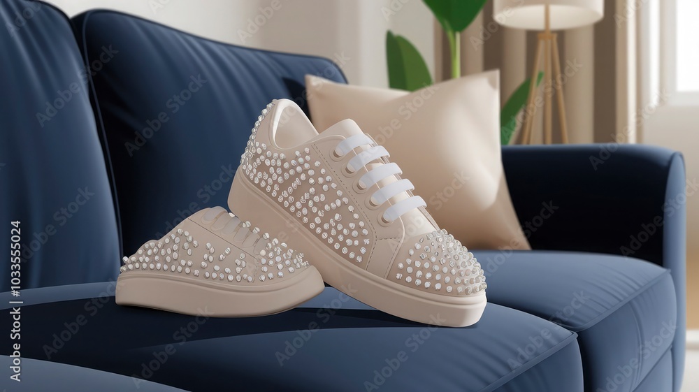 A pair of shoes on a blue box with a shoe on the bottom. A pair of shoes on a blue box with a shoe on the bottom.