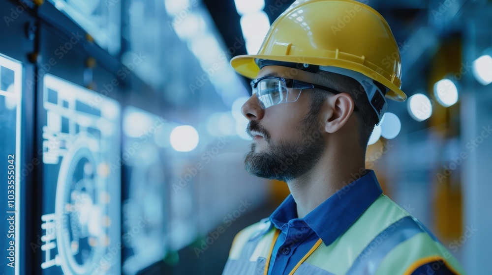 Engineer in safety gear examines digital interface in a high-tech industrial setting, focusing on machinery operations and data analysis. Engineer in safety gear examines digital interface in a high-tech industrial setting, focusing on machinery operations and data analysis.