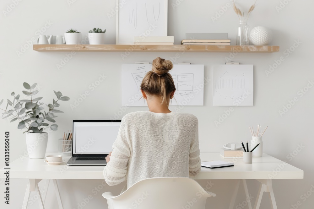 A woman focused on her laptop in a modern home office, surrounded by plants and minimalist decor. A woman focused on her laptop in a modern home office, surrounded by plants and minimalist decor.