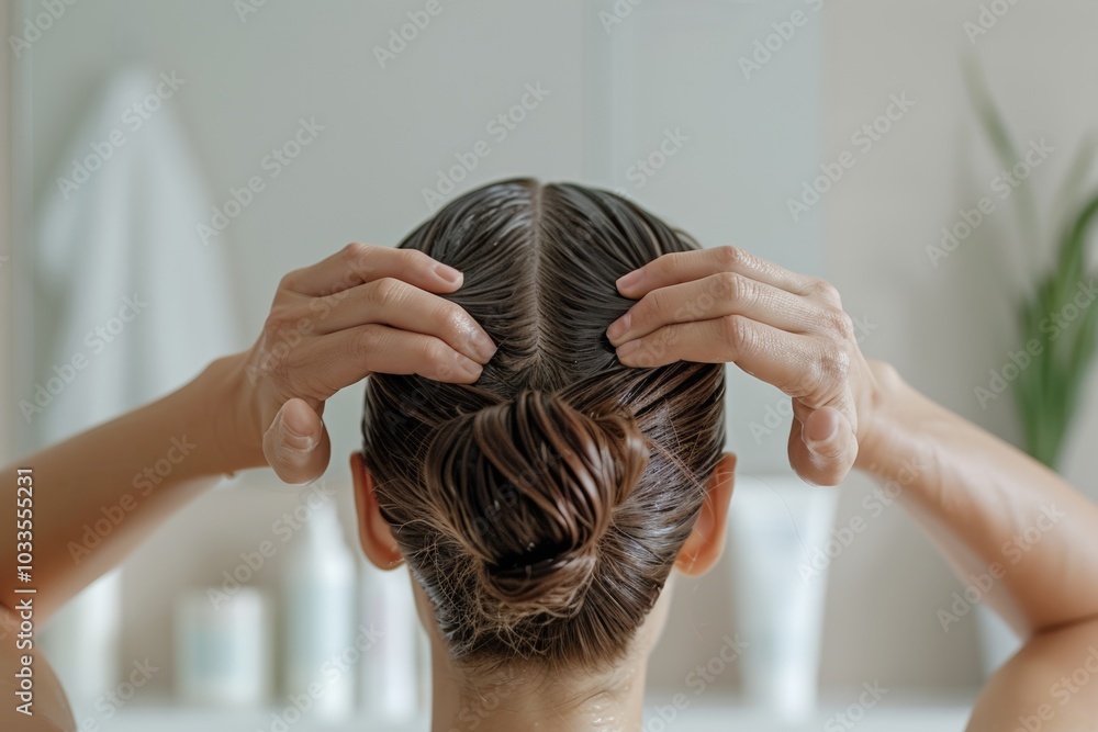 Naklejka premium A woman adjusting her wet hair after showering, with a focus on the back of her head, showing hair care in a bathroom setting.