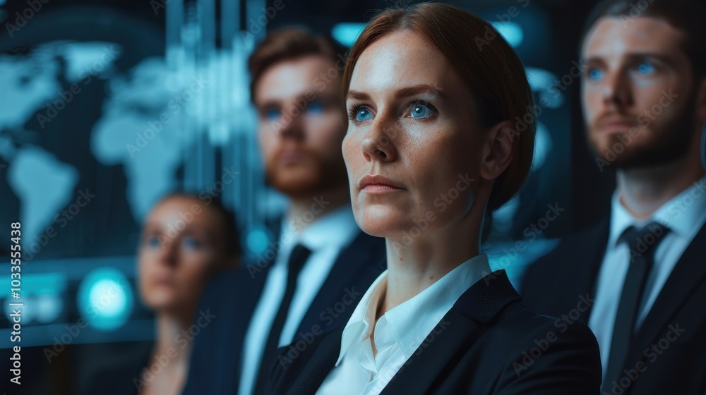 Focused business team looks at data monitors, symbolizing strategic planning, teamwork, and corporate innovation in a digital environment. Focused business team looks at data monitors, symbolizing strategic planning, teamwork, and corporate innovation in a digital environment.