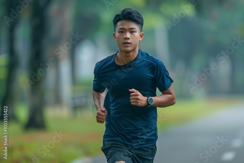 A young man jogging in a park during autumn, surrounded by blurred fall colors, showing focus, fitness, and an active lifestyle.