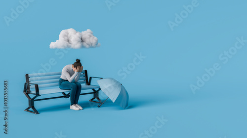 Sad woman sitting on a bench with umbrella and cloud overhead