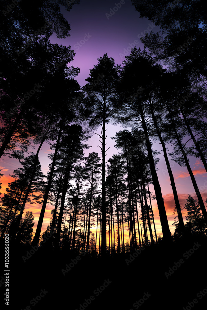 Silhouetted trees at sunset with colorful sky Silhouetted trees at sunset with colorful sky