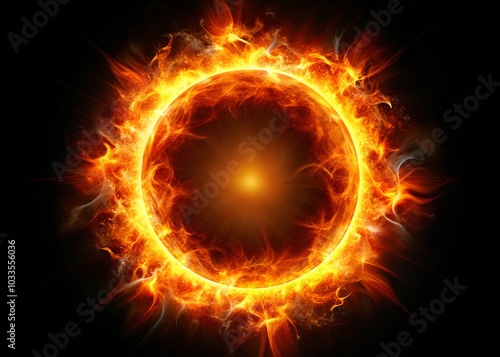 Fiery Energy Flare with Abstract Plasma Ring on Black Background for Dynamic Product Photography, Radiant Light Effects, High-Contrast Imagery, Vivid Color Display photo