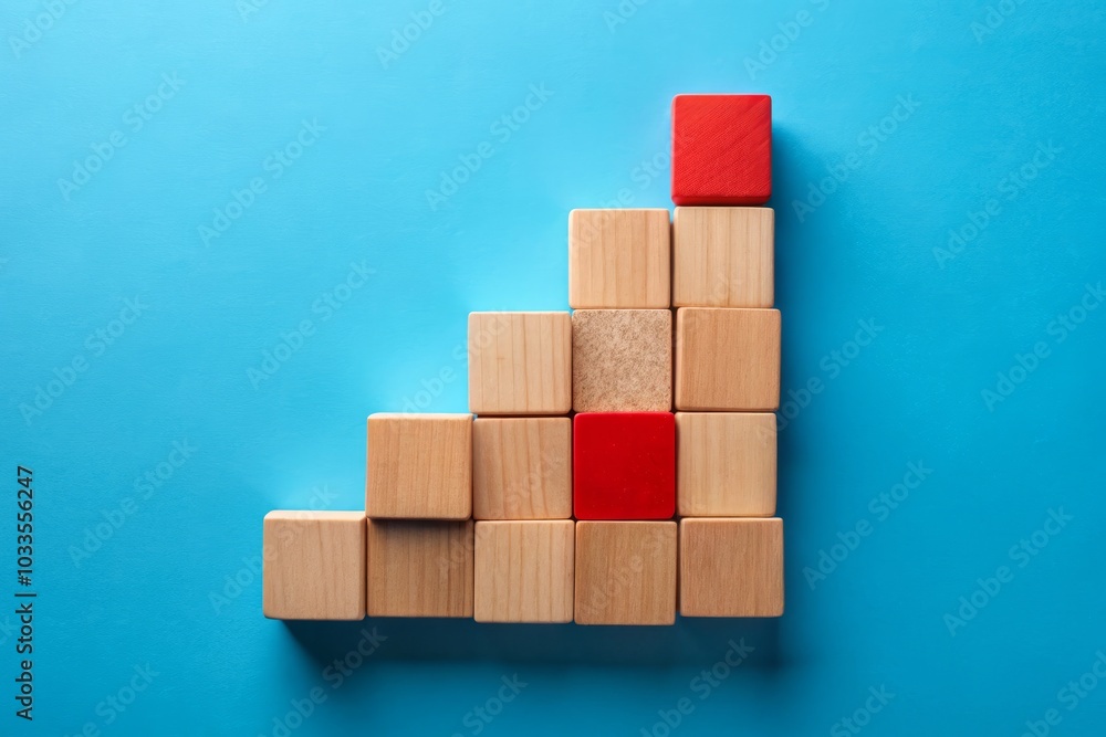 Financial Growth with Wooden Blocks: Drone Photography of Stacked Red Blocks on Blue Background for Business Insights, Social Media, and LinkedIn Profile Design Financial Growth with Wooden Blocks: Drone Photography of Stacked Red Blocks on Blue Background for Business Insights, Social Media, and LinkedIn Profile Design