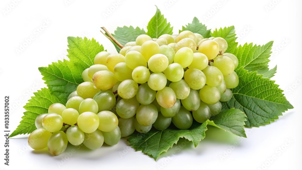 Fresh Bunch of White Grapes with Green Leaf on White Background, Perfect for Food Photography, Healthy Eating, Organic Produce, Culinary Use, Freshness, and Wine Production Fresh Bunch of White Grapes with Green Leaf on White Background, Perfect for Food Photography, Healthy Eating, Organic Produce, Culinary Use, Freshness, and Wine Production