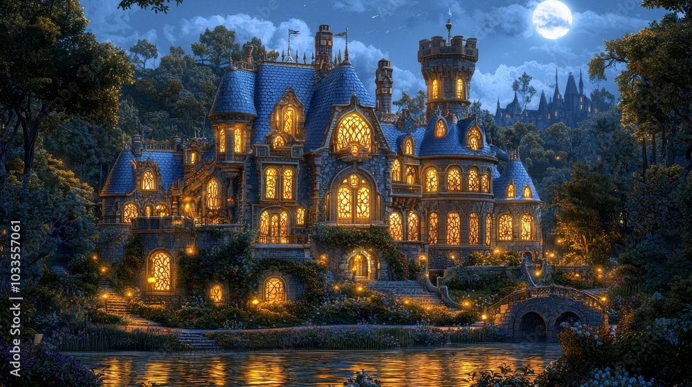 Enchanted Castle by the Lake at Night Enchanted Castle by the Lake at Night