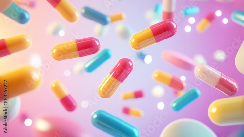 A vibrant collection of colorful capsules and pills floating in mid-air with soft lighting, creating a futuristic, medical scene