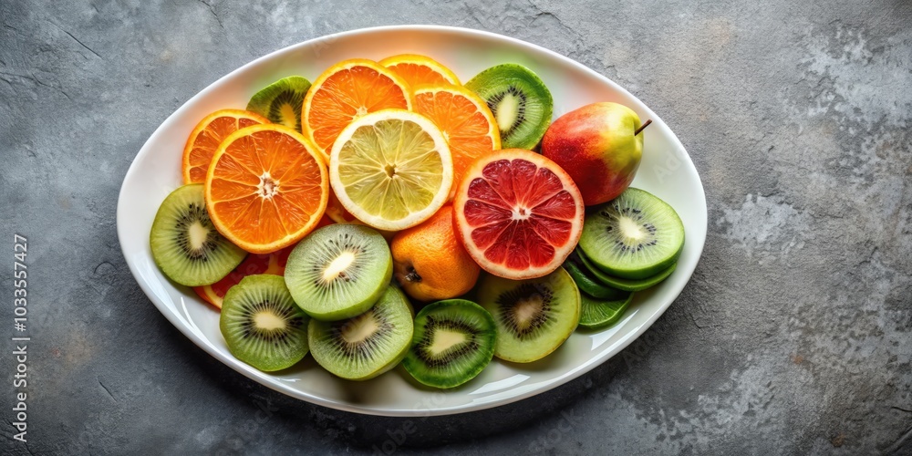 Fresh Fruit Slices on a Gray Plate featuring Orange, Pear, Kiwi - Vibrant and Delicious Fruit Photography for Culinary and Food Styling Inspiration Fresh Fruit Slices on a Gray Plate featuring Orange, Pear, Kiwi - Vibrant and Delicious Fruit Photography for Culinary and Food Styling Inspiration