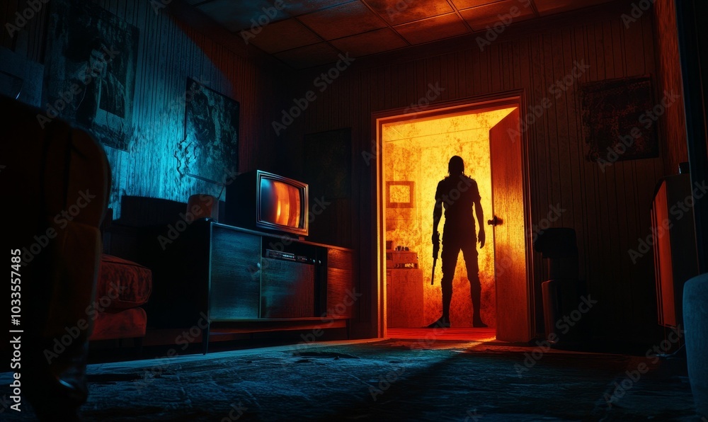Silhouetted figure in doorway of dimly lit room. Silhouetted figure in doorway of dimly lit room.