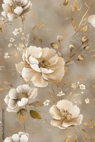 A seamless pattern with gold foil floral and botanical illustrations, a pastel brown background