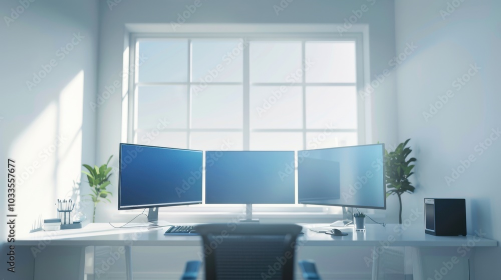 Spacious office desk in a bright space with three monitors and clutter shot with a wide-angle lens Spacious office desk in a bright space with three monitors and clutter shot with a wide-angle lens