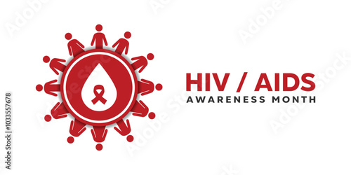 Hiv Aids Awareness Month. Peoples, blood and ribbon. Great for cards, banners, posters, social media and more. White background. 
