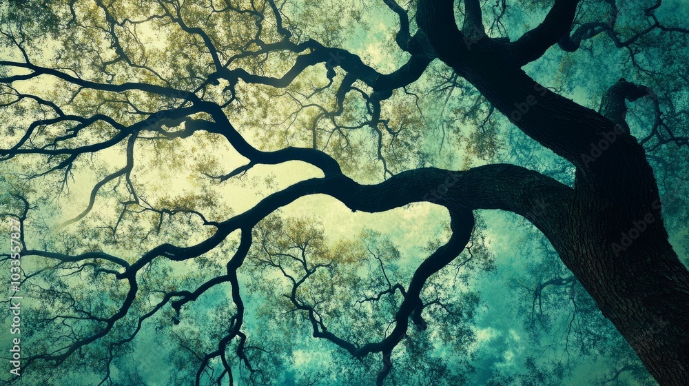 Naklejka premium Tree branches sky. View from beneath a large tree with sprawling branches against a blue sky. The image symbolizes growth, strength, and reaching for the sky.