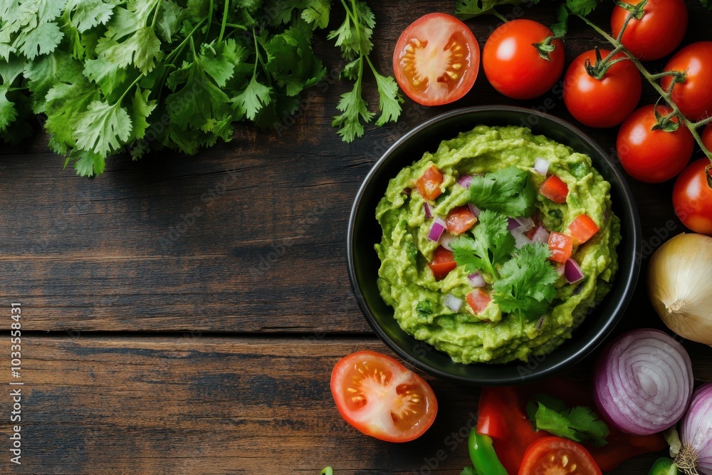 A bowl of creamy guacamole surrounded by fresh ingredients like tomatoes, onions, and cilantro on a rustic wooden table. Ample copy space for Mexican cuisine or party themes. A bowl of creamy guacamole surrounded by fresh ingredients like tomatoes, onions, and cilantro on a rustic wooden table. Ample copy space for Mexican cuisine or party themes.