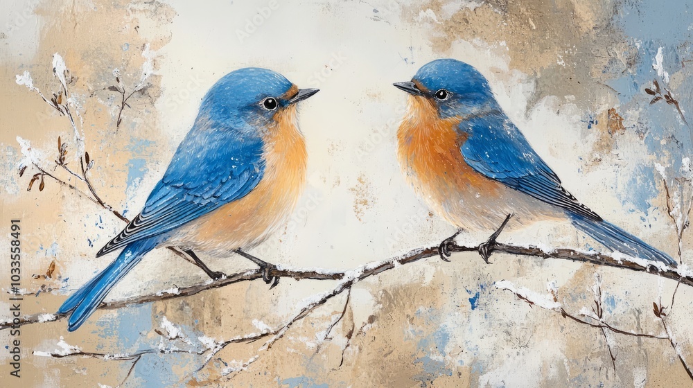 Fototapeta premium Two bluebirds perched on a snow-covered branch in a serene winter forest setting, capturing the tranquil beauty of wildlife in a cold, frosty landscape with gentle falling snowflakes and crisp air