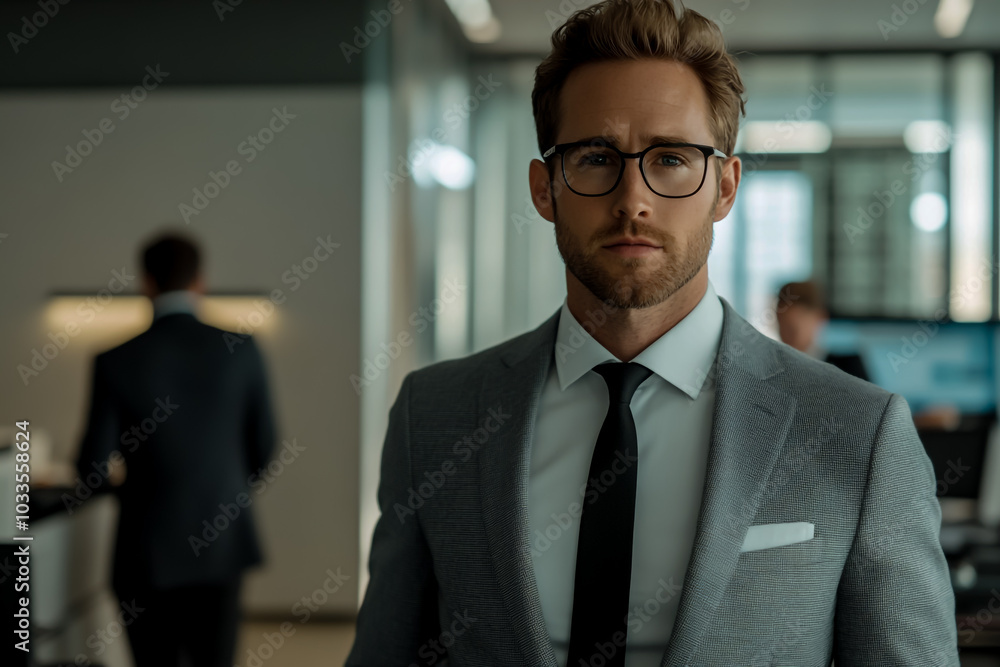 A handsome man in a grey suit, black tie, and white shirt stands in an office with colleagues working behind him. A handsome man in a grey suit, black tie, and white shirt stands in an office with colleagues working behind him.