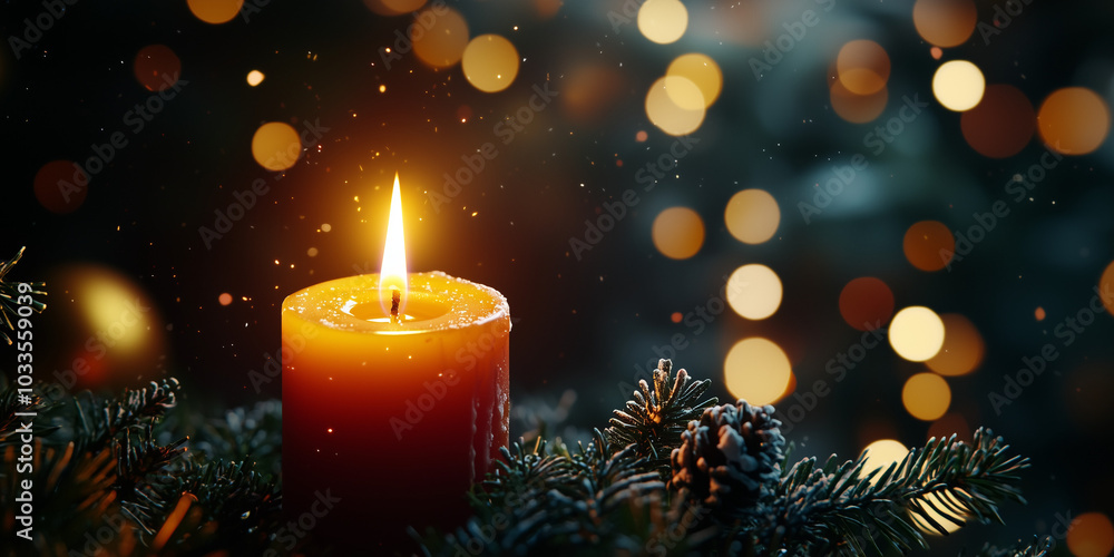 Christmas candle burning brightly in the darkness, surrounded by soft bokeh lights. This scene evokes an atmosphere of tranquility and reflection, perfect for the peaceful essence of the Xmas Christmas candle burning brightly in the darkness, surrounded by soft bokeh lights. This scene evokes an atmosphere of tranquility and reflection, perfect for the peaceful essence of the Xmas