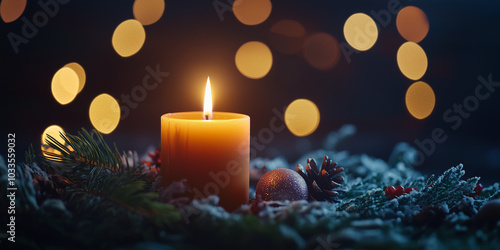 Christmas candle burning brightly in the darkness, surrounded by soft bokeh lights. This scene evokes an atmosphere of tranquility and reflection, perfect for the peaceful essence of the Xmas