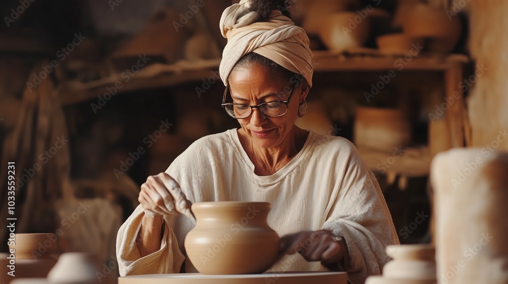 A skilled artisan shapes clay pottery in a rustic studio illuminated by warm, natural light during a quiet afternoon A skilled artisan shapes clay pottery in a rustic studio illuminated by warm, natural light during a quiet afternoon