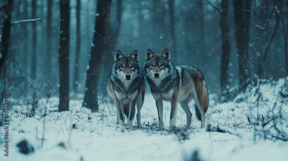 Majestic pair of wolves roaming through a snow-covered winter forest with frosty trees and icy ground, capturing the raw beauty of wildlife in a cold wilderness setting
Majestic pair of wolves roaming through a snow-covered winter forest with frosty trees and icy ground, capturing the raw beauty of wildlife in a cold wilderness setting