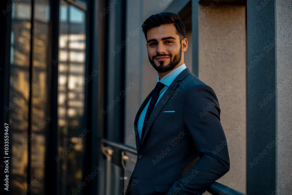 A handsome man in a suit stands on an office building balcony with gray columns behind him. A handsome man in a suit stands on an office building balcony with gray columns behind him.