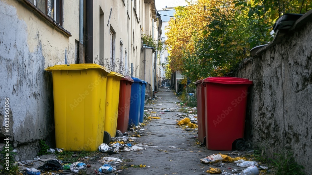 A narrow alley lined with colorful trash bins, surrounded by litter and overgrown vegetation, highlighting urban waste and neglect. A narrow alley lined with colorful trash bins, surrounded by litter and overgrown vegetation, highlighting urban waste and neglect.