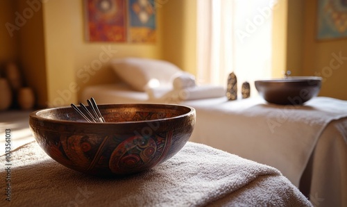 A decorated wooden bowl with metal utensils on a towel. photo