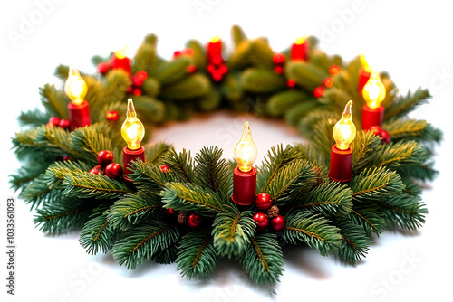 Christmas wreath with lights. Isolated on a white background. Focus concept