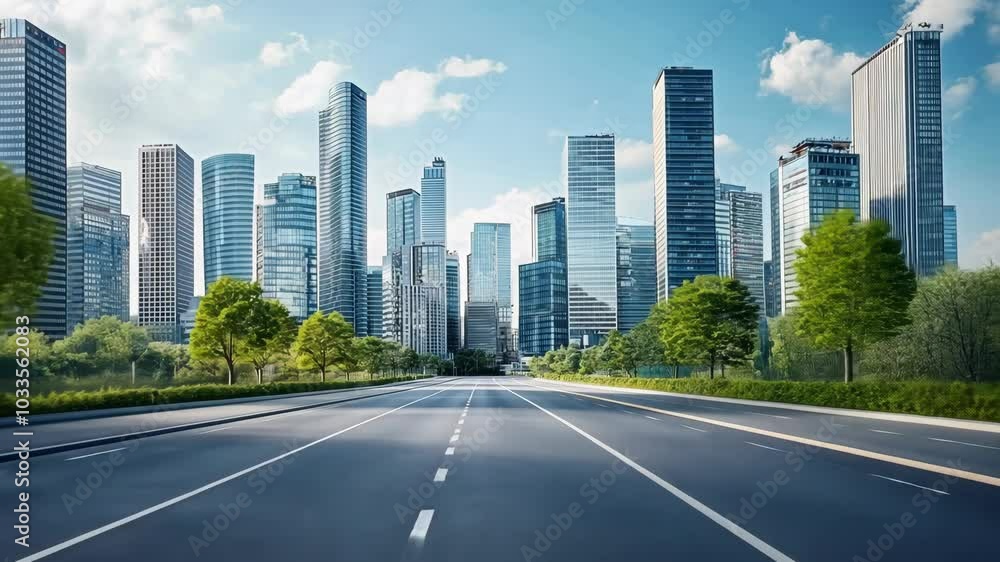 A wide, empty road stretches through a modern city skyline on a bright, sunny day A wide, empty road stretches through a modern city skyline on a bright, sunny day