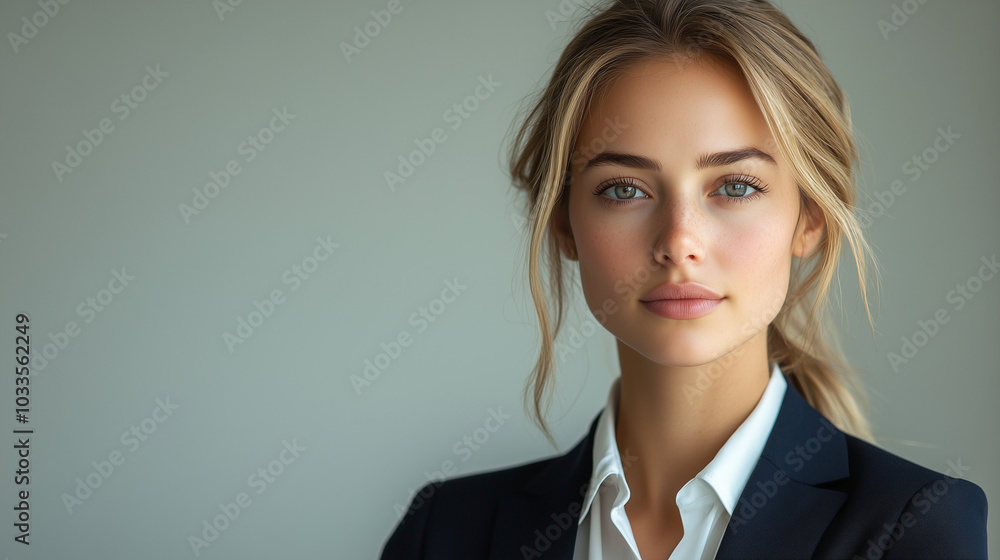 Elegant businesswoman with sophisticated updo in formal attire against plain backdrop Elegant businesswoman with sophisticated updo in formal attire against plain backdrop