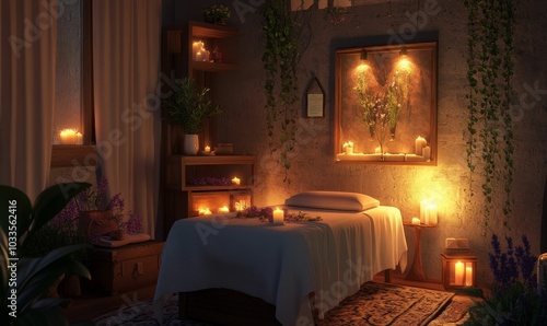 Candlelit spa room with a massage table. photo