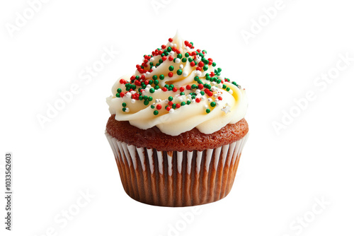 Vanilla cupcake with colorful sprinkles and frosting on a transparent background