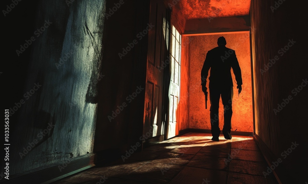 Silhouetted man walks down a dark hallway. Silhouetted man walks down a dark hallway.