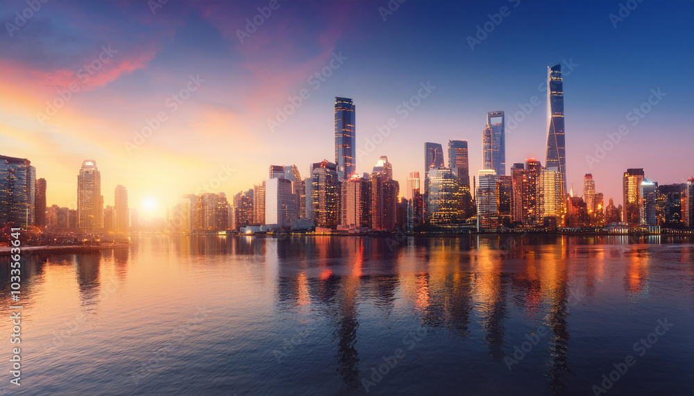 Fototapeta premium Sunset Over Modern City Skyline
