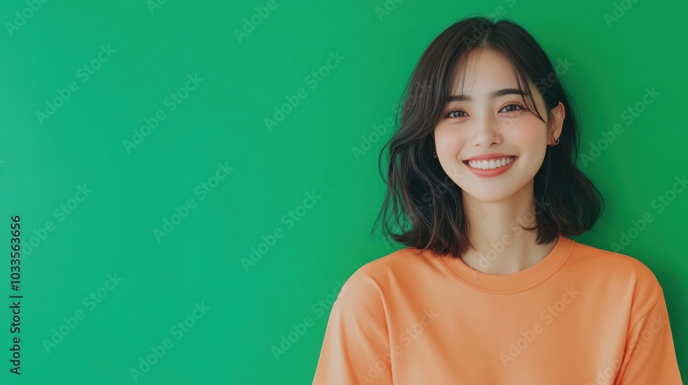 Smiling woman with dark hair, orange shirt, green background, joyful expression Smiling woman with dark hair, orange shirt, green background, joyful expression
