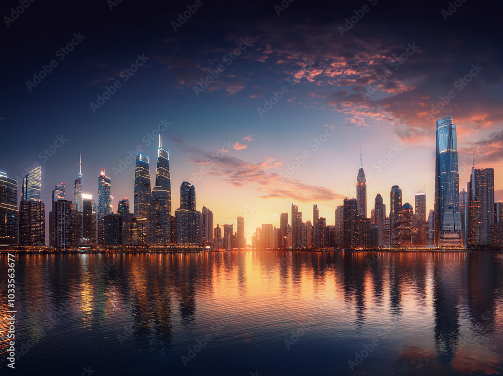 Fototapeta premium Sunset Over Modern City Skyline on Water