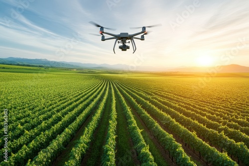 Aerial view of a drone surveying a lush green vineyard during sunset, showcasing modern agriculture technology in action.