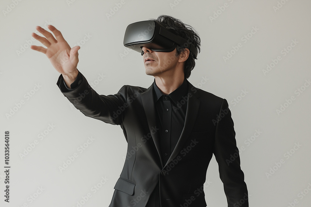 Photograph of an adult man in a black suit wearing VR glasses on his head. He is standing and reaching out to the side against a white background. The image has a minimalist style, Photograph of an adult man in a black suit wearing VR glasses on his head. He is standing and reaching out to the side against a white background. The image has a minimalist style,