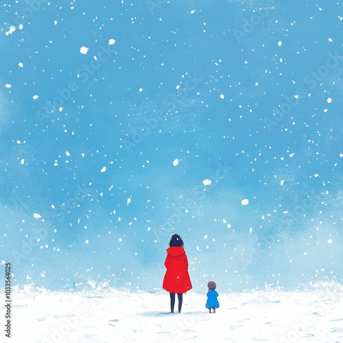 A woman and child stand in a snowy landscape, gazing at the falling snow.