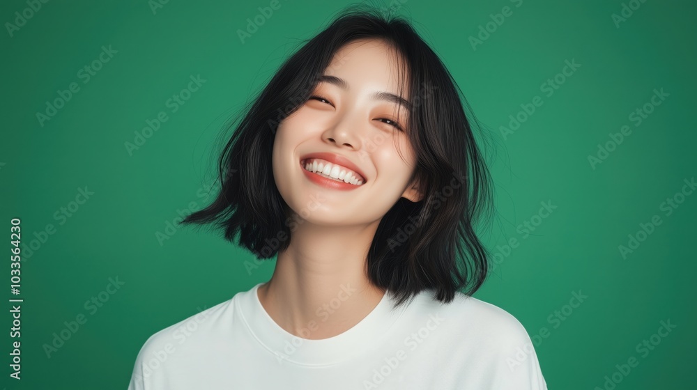 Smiling woman with black hair, green background, joyful expression Smiling woman with black hair, green background, joyful expression