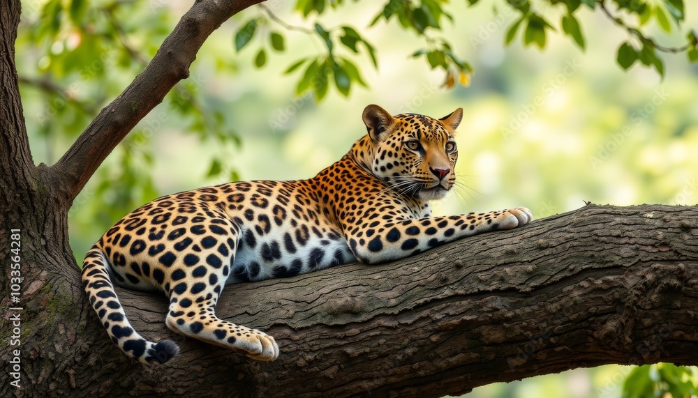Obraz premium Graceful Leopard Resting on a Branch in Nature