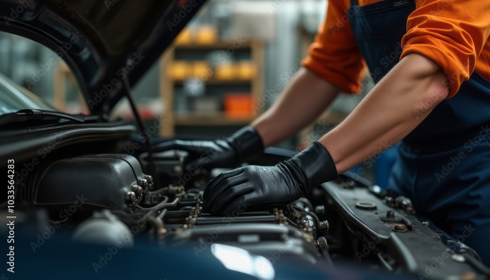 A mechanic wearing gloves working on a car engine under the hood, showcasing the hands-on nature of automotive repair. The image emphasizes expertise, tools, and mechanical skills. A mechanic wearing gloves working on a car engine under the hood, showcasing the hands-on nature of automotive repair. The image emphasizes expertise, tools, and mechanical skills.