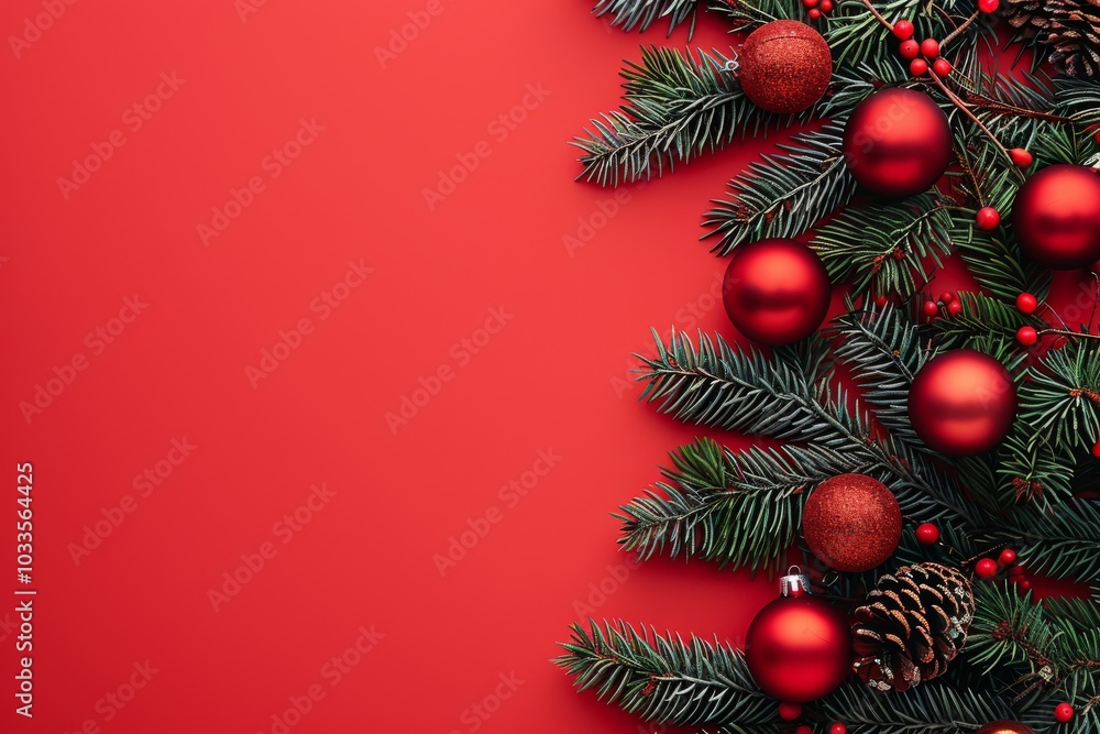 Add some festive cheer to your holiday season with vibrant red ornaments on green branches, set against a bright red background. Celebrate the joy of Christmas with this colorful and creative decor Add some festive cheer to your holiday season with vibrant red ornaments on green branches, set against a bright red background. Celebrate the joy of Christmas with this colorful and creative decor