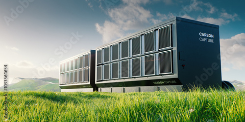 3D rendering of a carbon capture device in a green landscape, symbolizing innovation in climate technology and the pursuit of a sustainable future.
