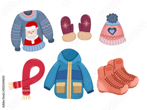Winter set with warm clothes in flat style. Jacket, sweater, boots, scarf and gloves. Modern illustration for winter activities, hiking