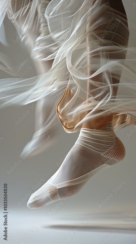 Fototapeta premium A close-up portrait of a woman's legs adorned in elegant silk stockings, gracefully accentuating her figure while wearing a stylish dress. The image highlights the luxurious texture of the fabric and