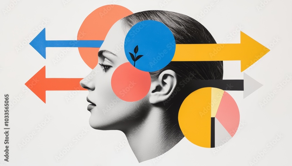 A colorful, abstract collage featuring geometric shapes, a partial face, and bold arrows pointing in different directions. A colorful, abstract collage featuring geometric shapes, a partial face, and bold arrows pointing in different directions.